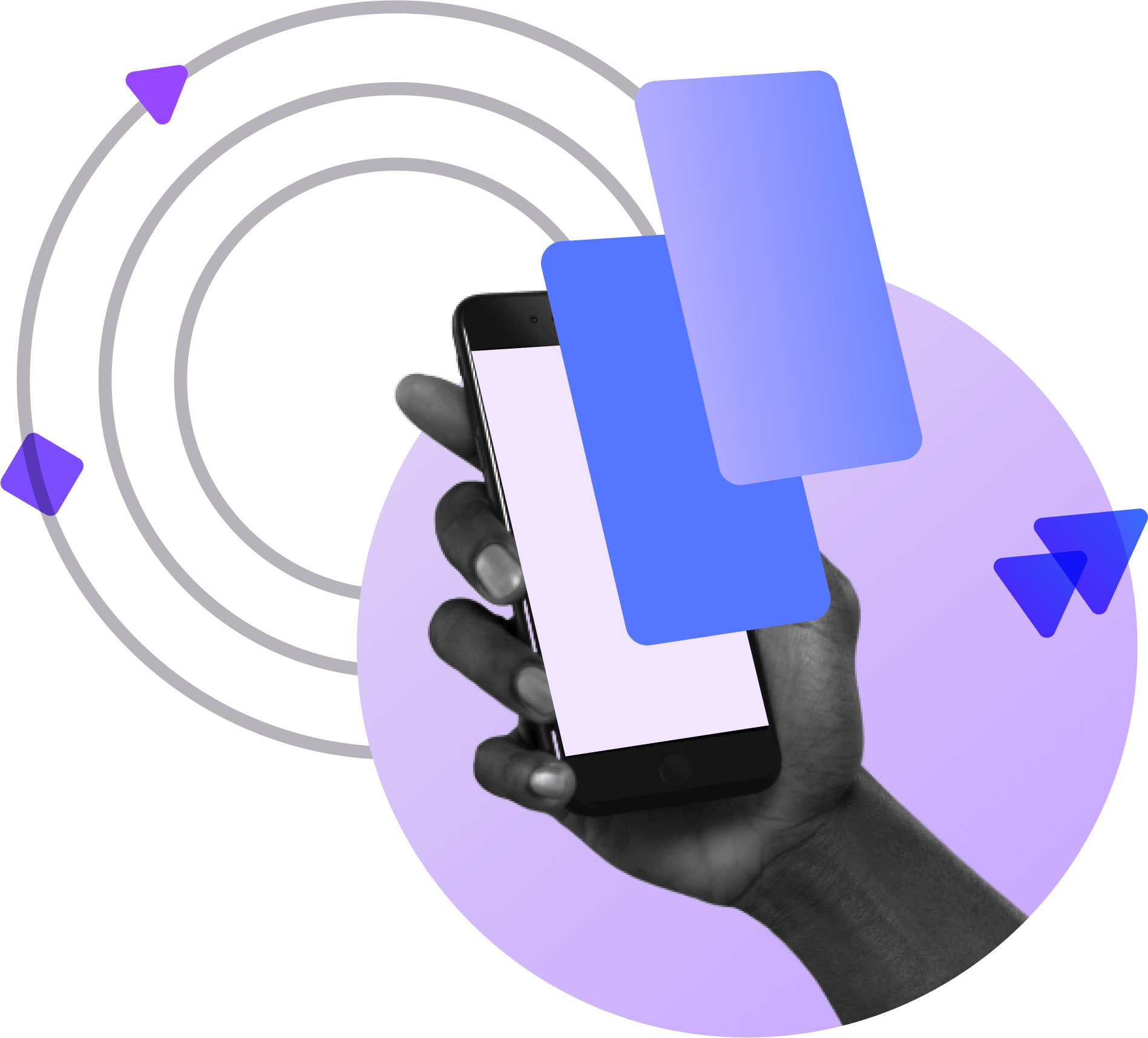 Smartphone displaying deconstructed app layers, surrounded by circular modernization process flow