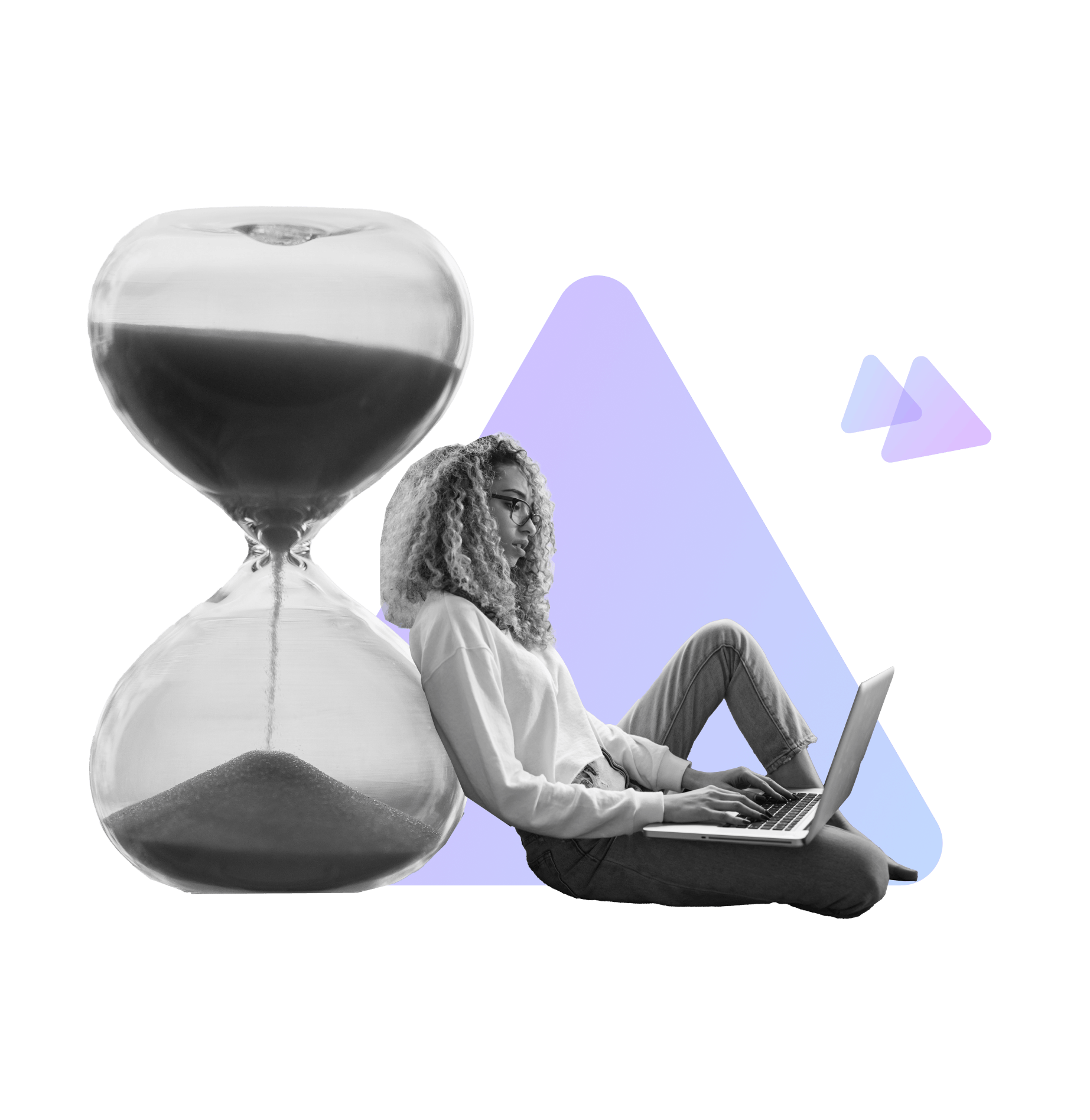 Digital product expert leaning against an oversized hourglass