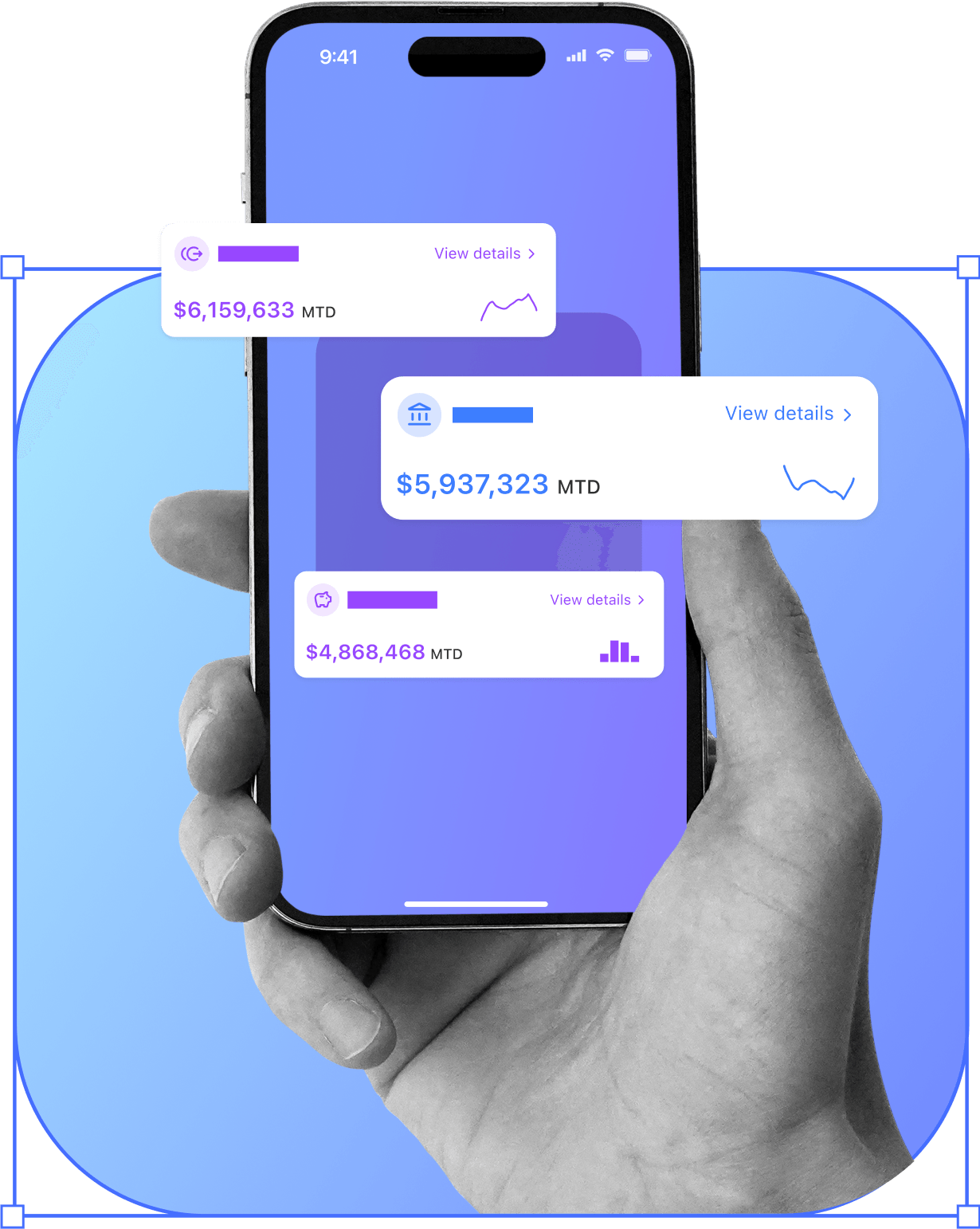 An illustration of a mobile application assembled one component at a time on a mobile phone in a person's palm