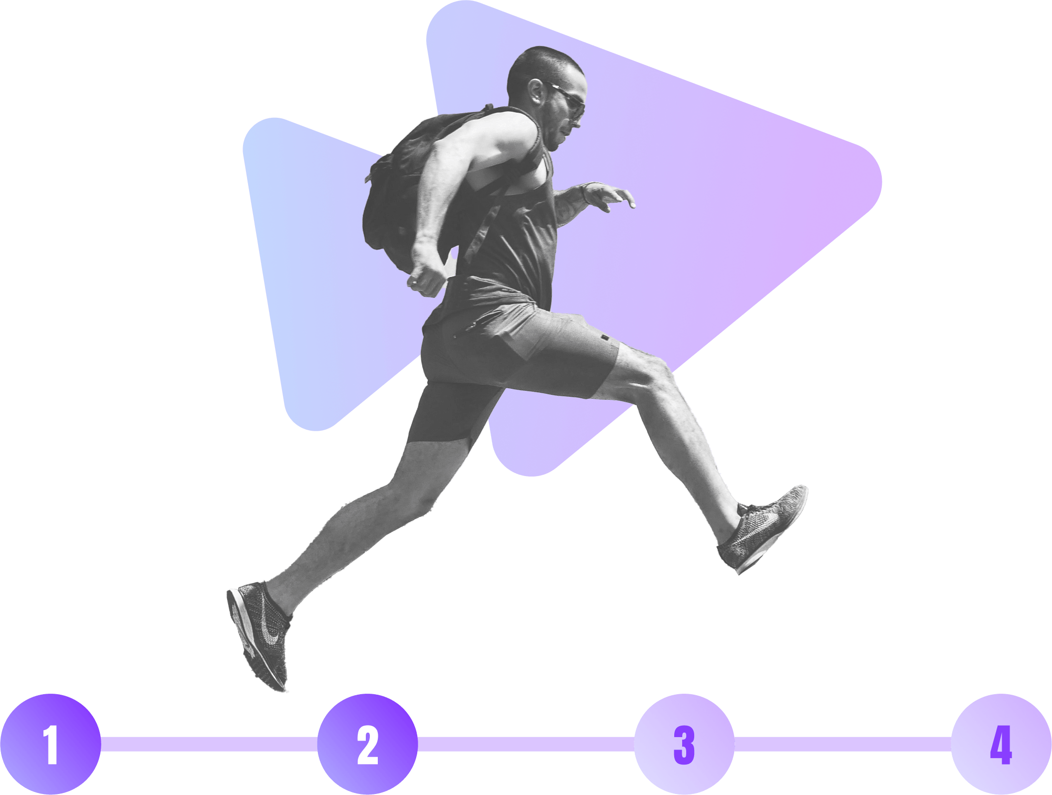 An image of a hiker striding forward as he examines the terrain ahead, placed above a (4-step) progress bar that is halfway complete