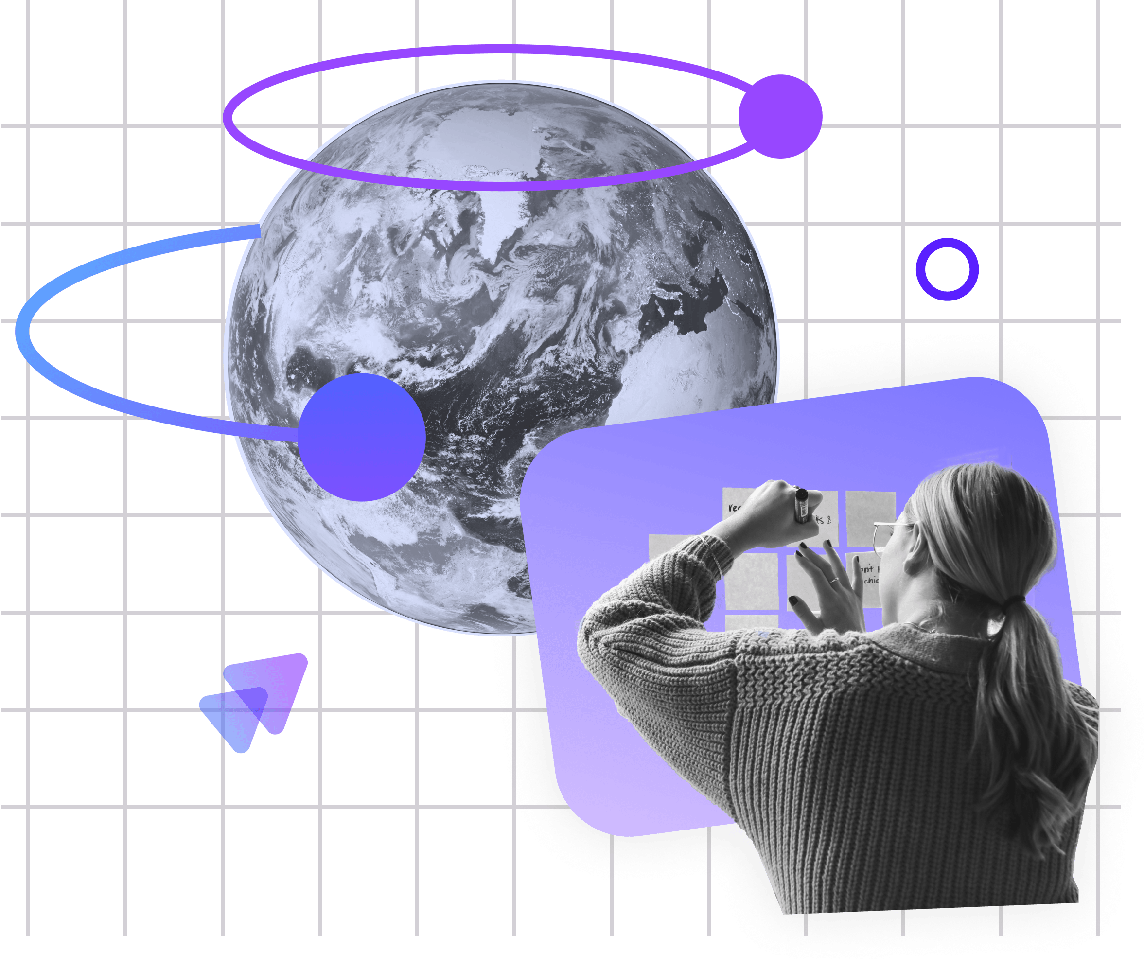 Collage depicting product strategy: Woman writing on sticky notes, Earth with orbital rings symbolizing global stakeholder needs, and graph paper background representing planning and ideation process.