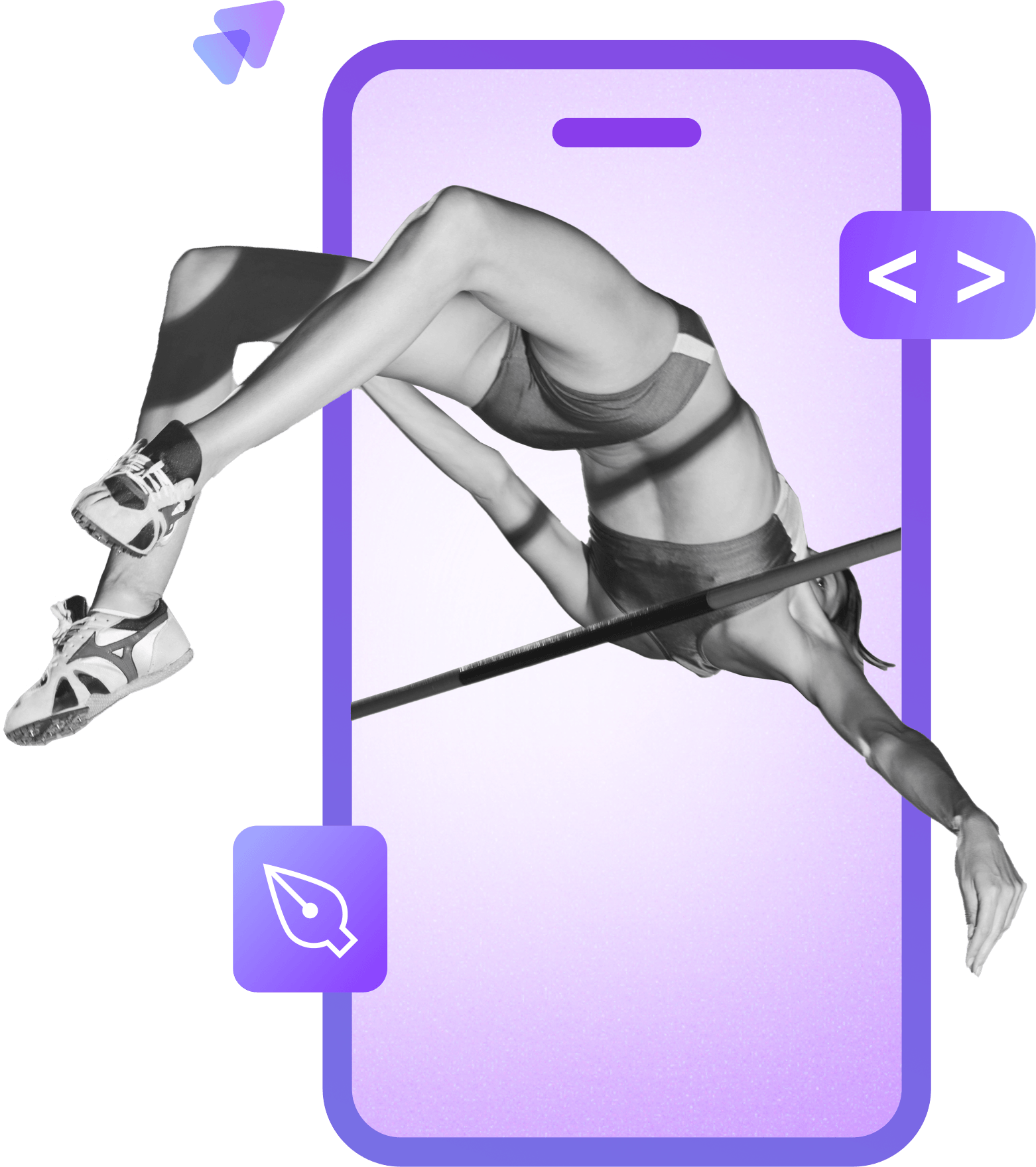 An athlete clears a high jump bar depicted on a mobile phone adorned with design and code icons symbolizing technical skillset required to perform UX & technical audit of digital applications