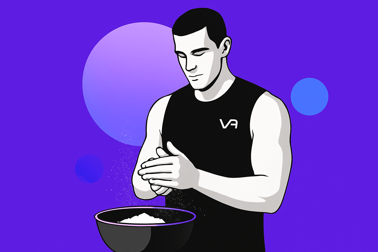 An illustration of an athlete chalking up his hands ahead of a sporting event, outfitted with cut-off t-shirt emblazoned with Vault R&D VA logomark